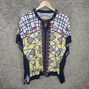 Susan Graver Top Womens Small‎ Navy Blue Poncho Liquid Knit Neck Tie Blouse